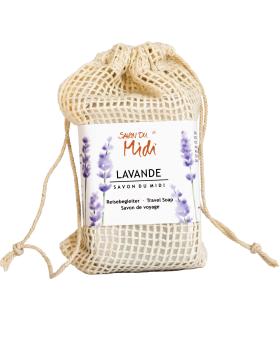Reisebegleiter - Karité-Seife Lavendel in Alu-Dose und Baumwollsäckchen