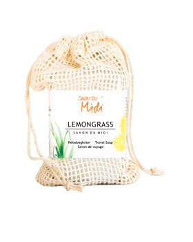 Reisebegleiter - Karité-Seife Lemongrass in Alu-Dose und Baumwollsäckchen