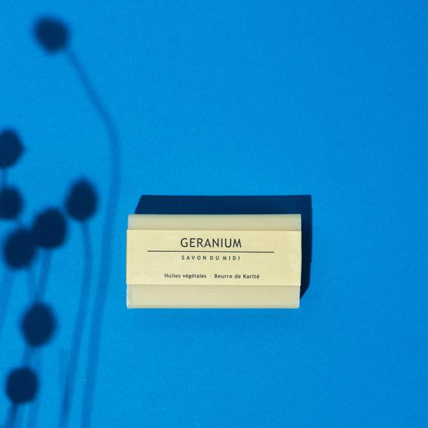 Shea soap GERANIUM on a blue background